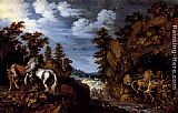Roelandt Jacobsz Savery Canvas Paintings - A Rocky Landscape With A Stallion, Bull And Camel Overlooking A Lion's Den